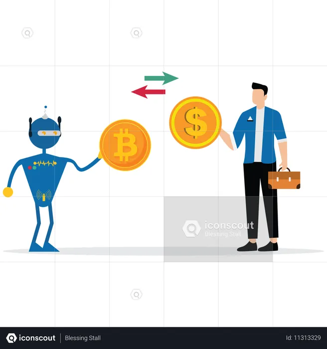 Businessman interacting with artificial intelligence robot  Illustration