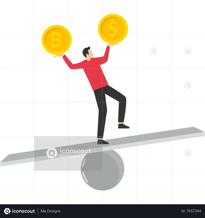 Businessman investor balance portfolio with dollar coin and bitcoin  Illustration