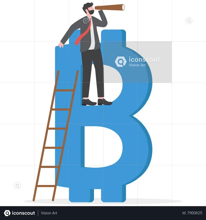 Businessman investor climb up ladder on top of Bitcoin using spyglass telescope to see opportunity  Illustration