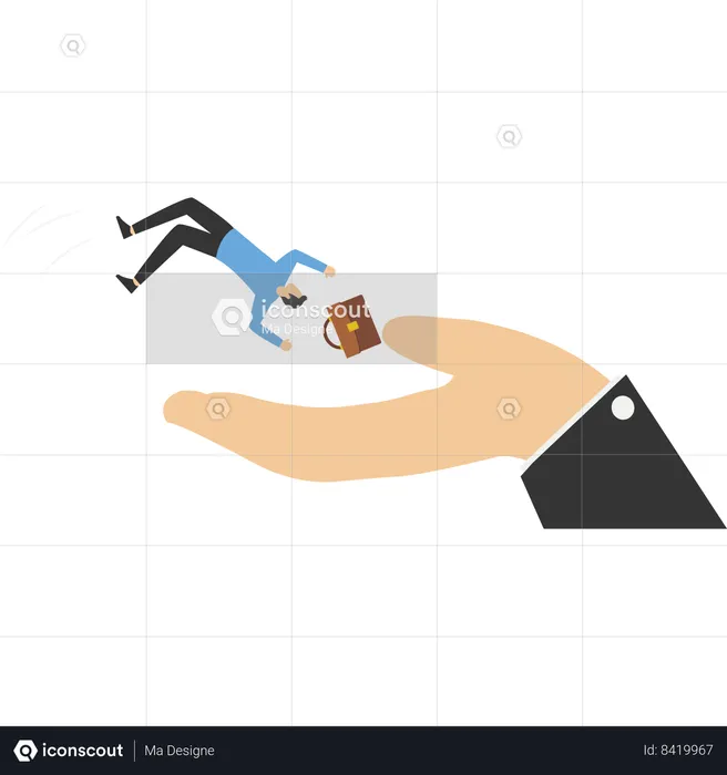 Businessman investor falling from the sky into soft helping hand  Illustration