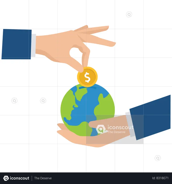 Businessman investor hand put dollar coin money into globe coin bank  Illustration