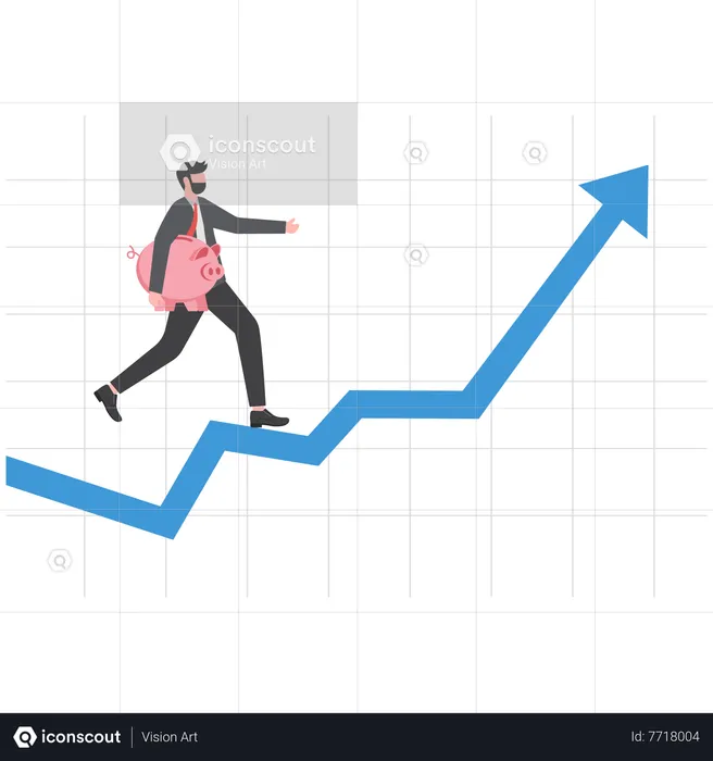 Businessman investor holding big money walk up rising graph.  Illustration
