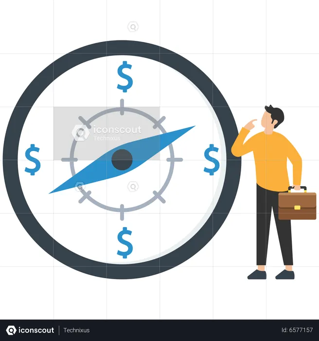 Businessman Investor Looking At Compass With Dollar Sign Direction  Illustration