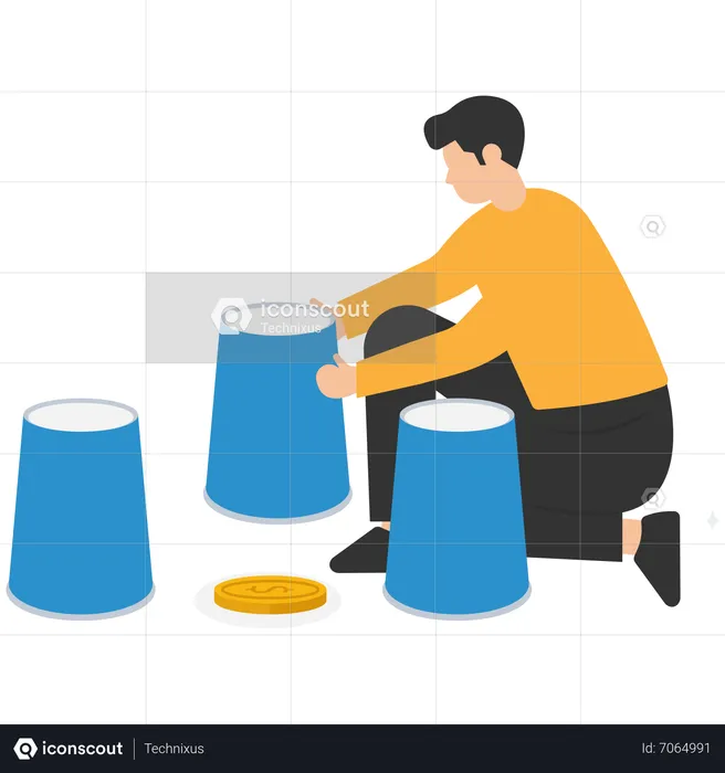 Businessman investor pointing to right cup to reveal money dollar coin  Illustration