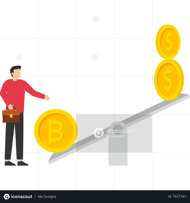 Businessman investor standing and looking at bitcoin coin seesaw dollar  Illustration
