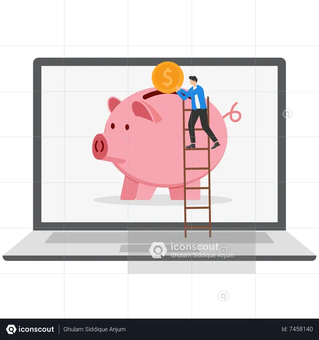 Businessman investor standing with laptop wealthy pink piggy  Illustration