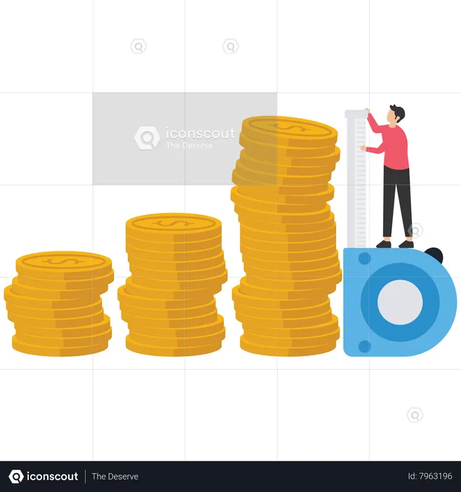 Businessman investor using measuring tape to measure money coins stack height  Illustration