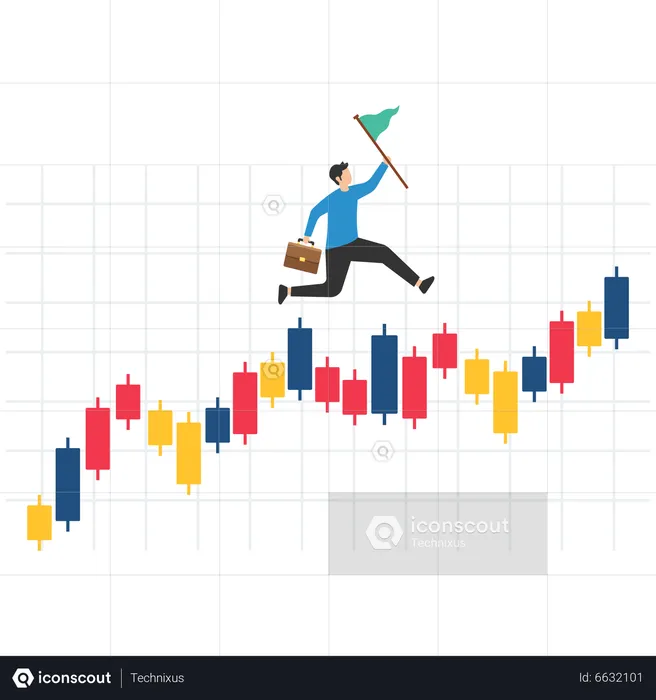 Businessman investor with money briefcase running on candlestick graph  Illustration