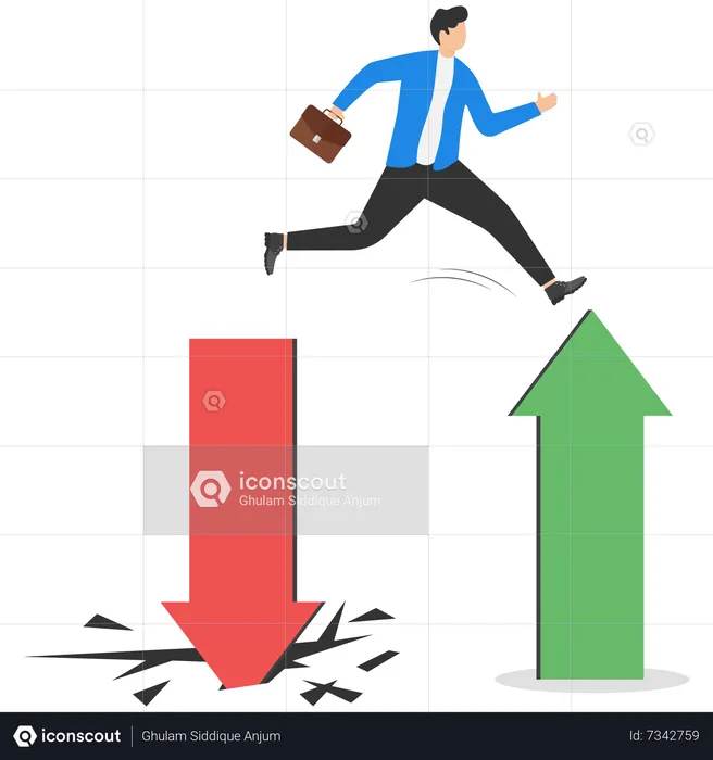 Businessman investors jumped from red pointing down the arrow to green rising up  Illustration