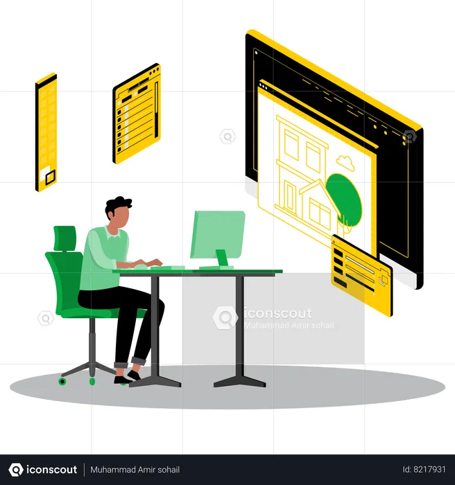 Businessman is analyzing his real estate profile growth  Illustration