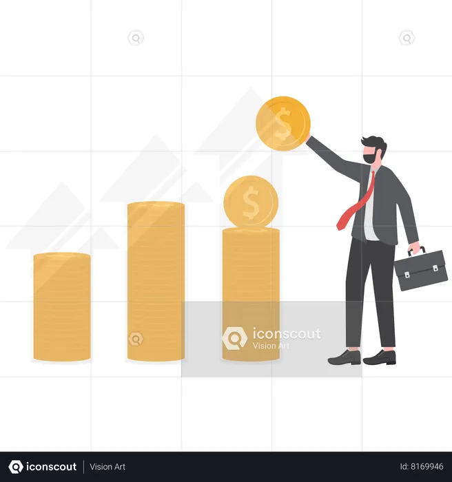 Businessman is arranging all his currency coins  Illustration