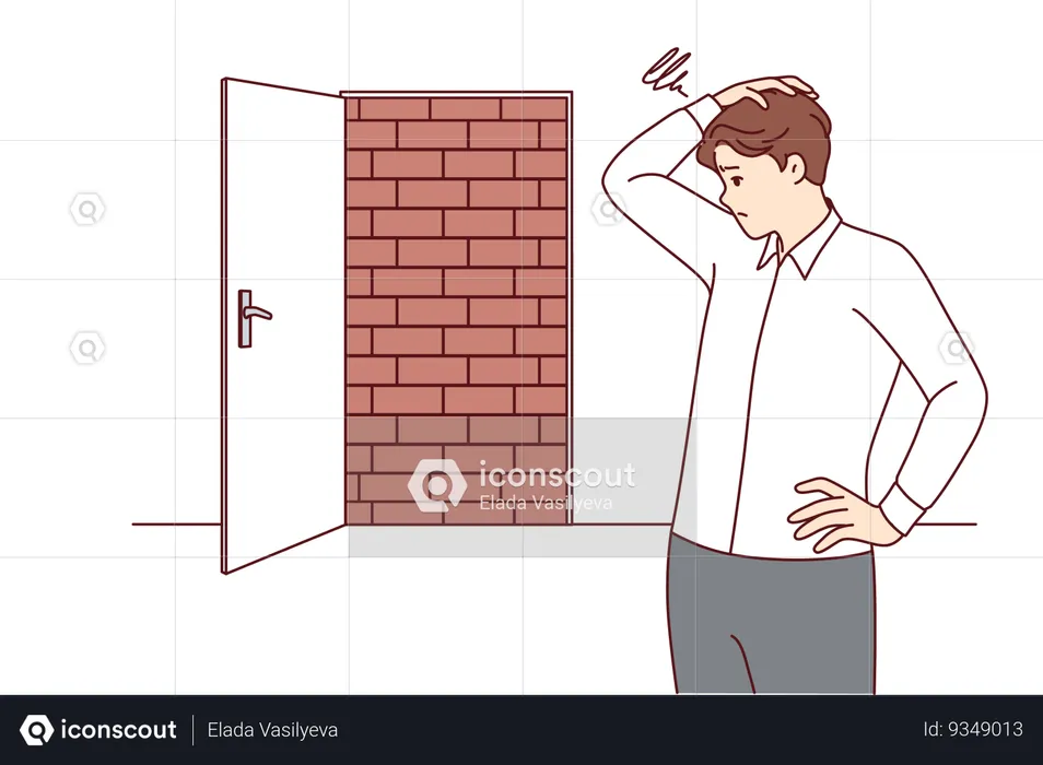 Businessman is at dead end looking for way to situation standing near door blocked with bricks  Illustration