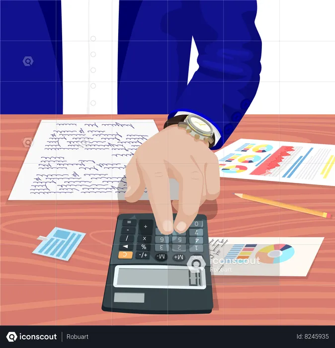 Businessman is calculating his profit on calculator  Illustration