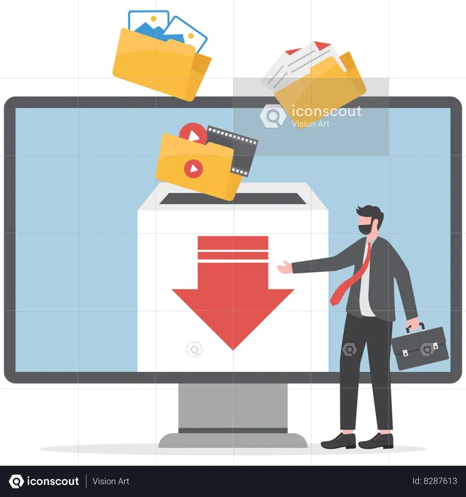 Businessman is downloading all his files and folders  Illustration