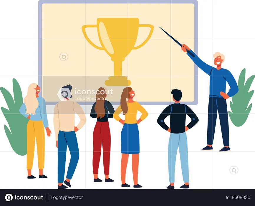 Businessman is encouraging employees for goal achievement  Illustration