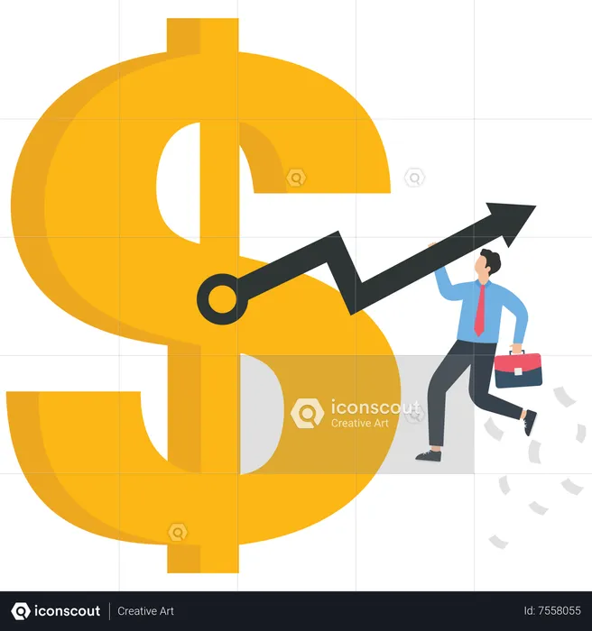 Businessman is hanging on the dollar's pointer  Illustration