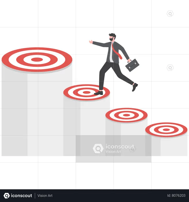 Businessman is jumping on target pillars to achieve his goals  Illustration