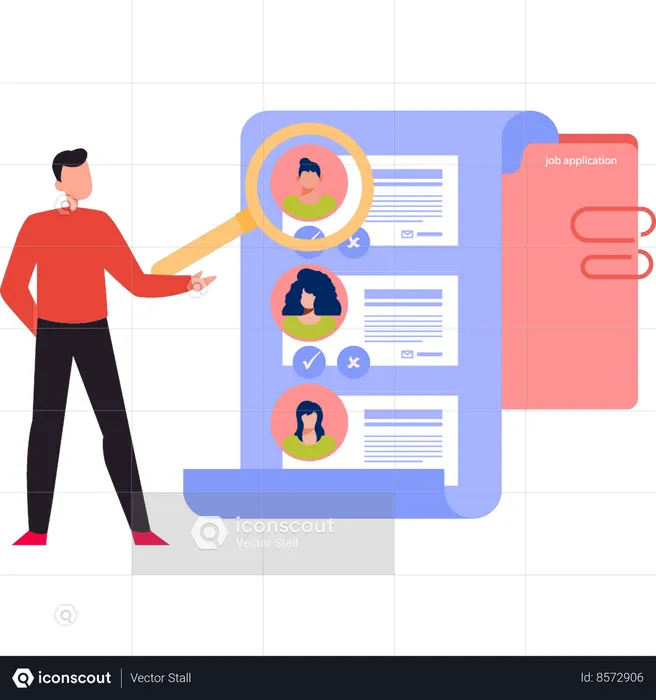 Businessman is looking at candidates profile  Illustration