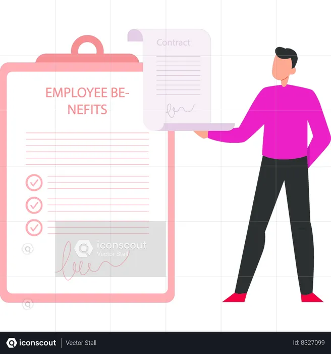 Businessman is making list of employee benefit contract  Illustration
