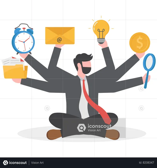 Businessman is managing all his work  Illustration