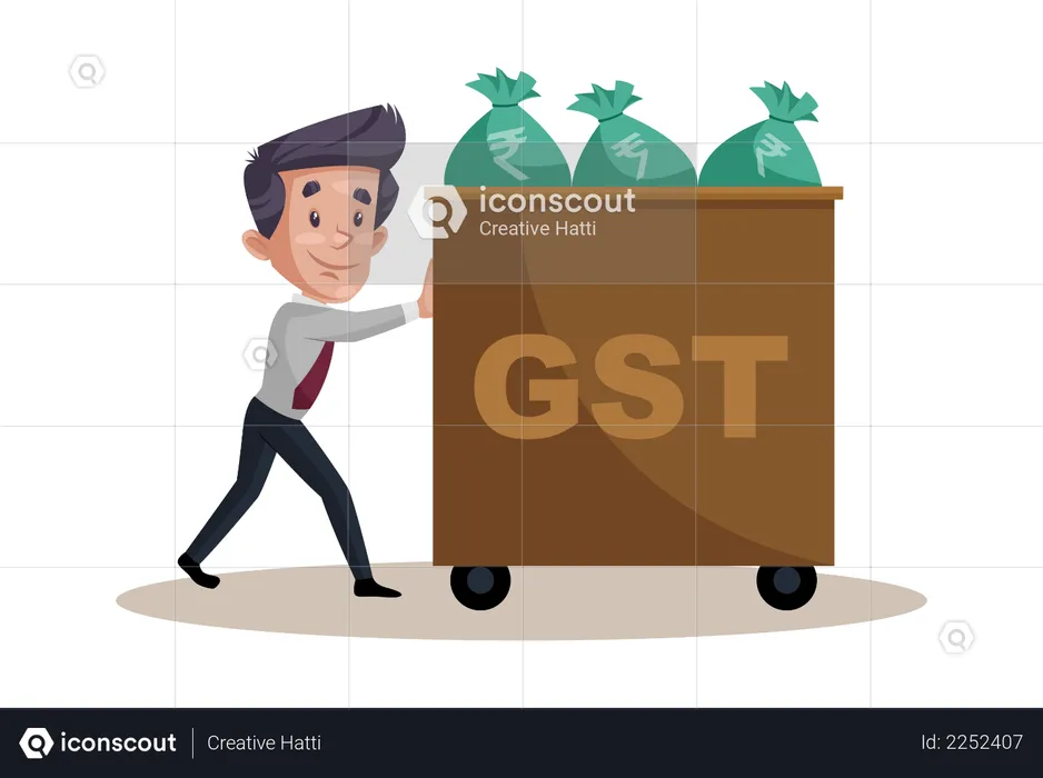 Businessman is pushing a GST money bags trolley  Illustration