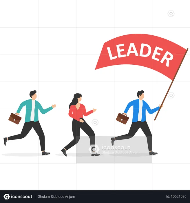 Businessman is running with a big red flag on which white letters are written leader  Illustration