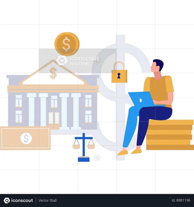 Businessman is sitting outside the bank  Illustration