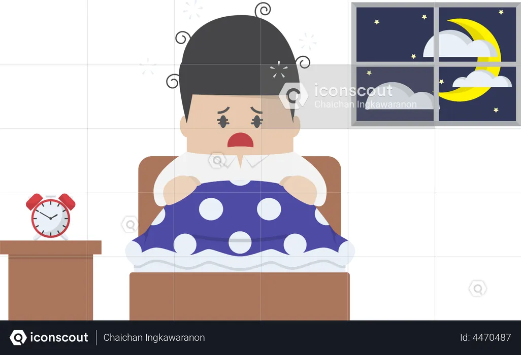 Businessman is wide awake in middle of night  Illustration