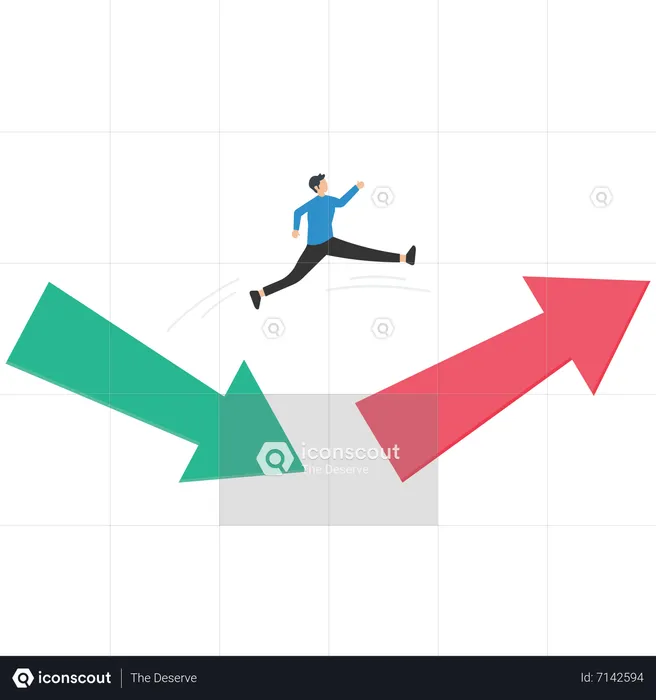 Businessman jump from red pointing down arrow to green rising up  Illustration