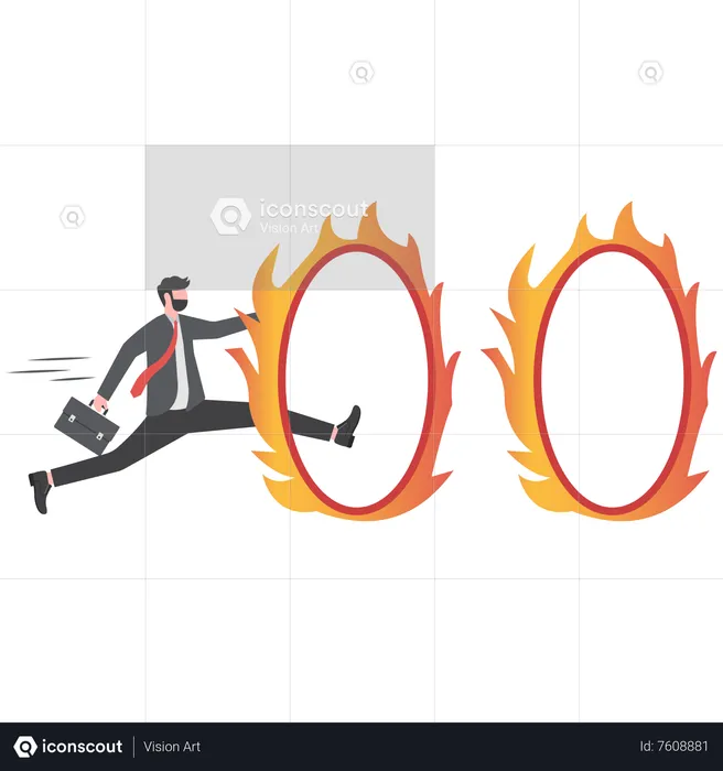 Businessman jump over fiery burning hoops  Illustration
