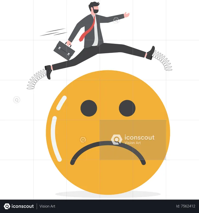 Businessman jump over sad and negative emotion face  Illustration