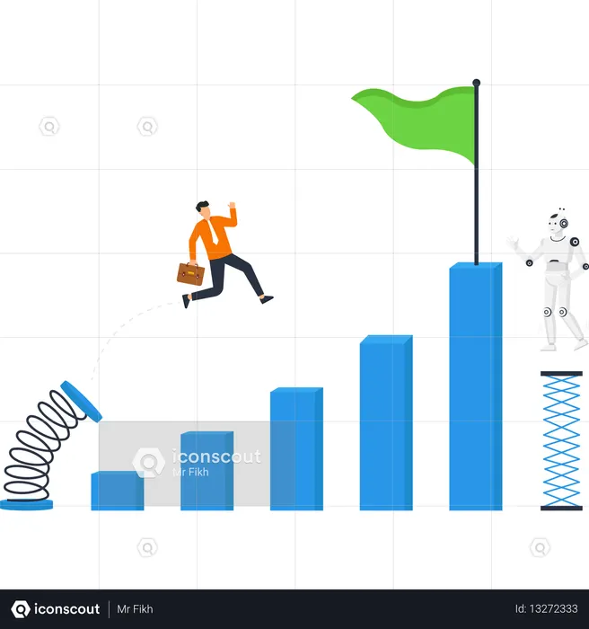Businessman jumping across bar chart graph to achieve success goal with robot representing technology and automation  Illustration