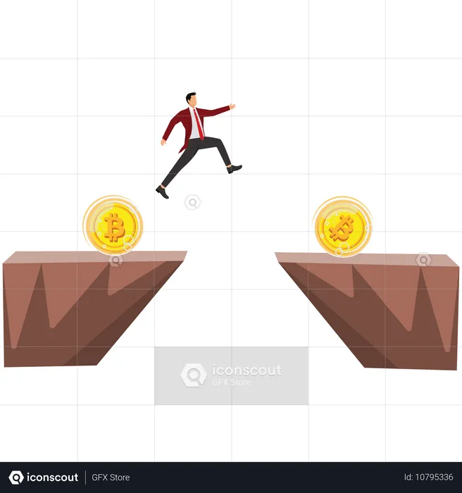 ビットコインに飛びつくビジネスマン  イラスト