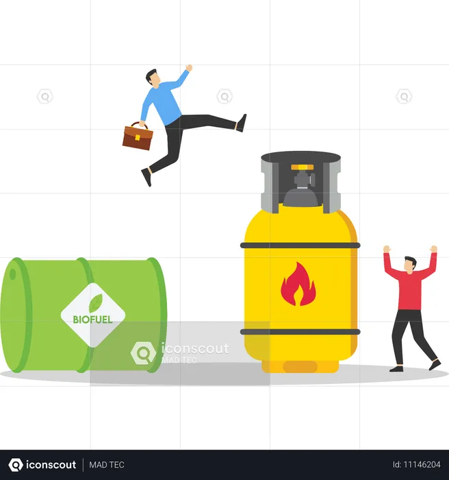 Businessman jumping from biofule to gas cylinder  Illustration