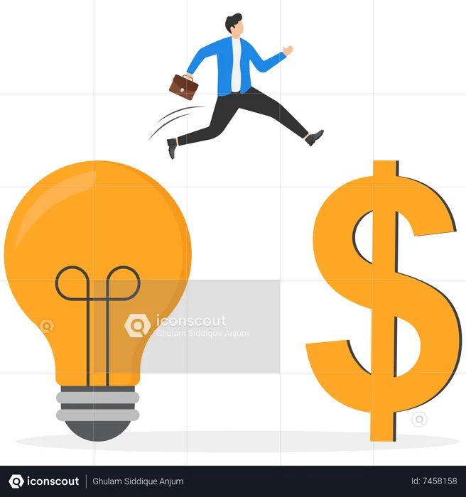 Businessman jumping from bulb to dollar sign fro idea to make money  Illustration