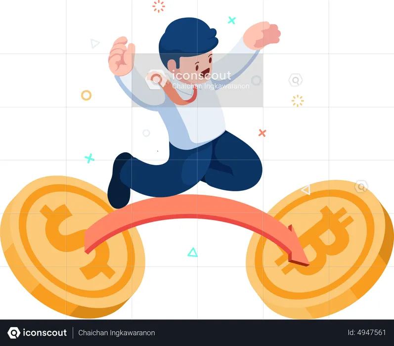 Businessman Jumping from Dollar coin to Bitcoin  Illustration