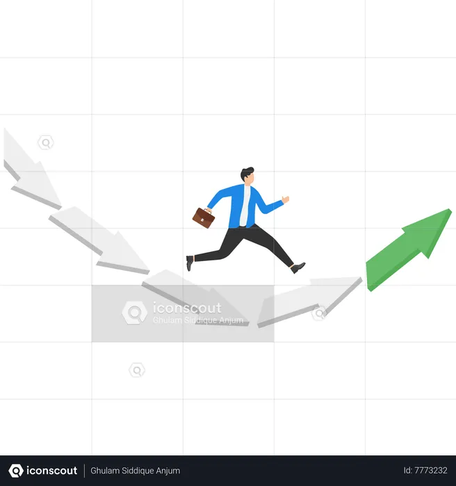 Businessman jumping from falling arrow to rising arrow  Illustration