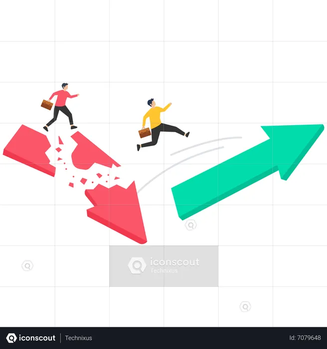 Businessman jumping from falling arrow to rising arrow  Illustration