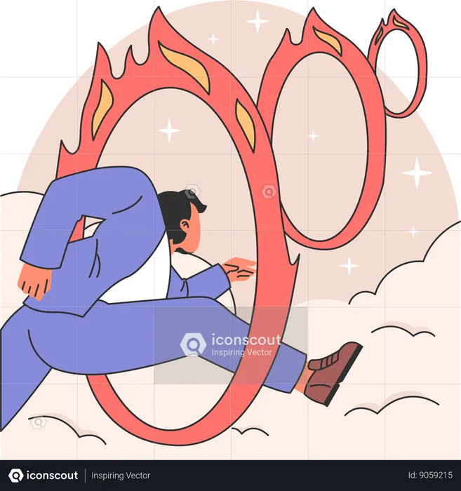 Businessman jumping from fire hoop  Illustration