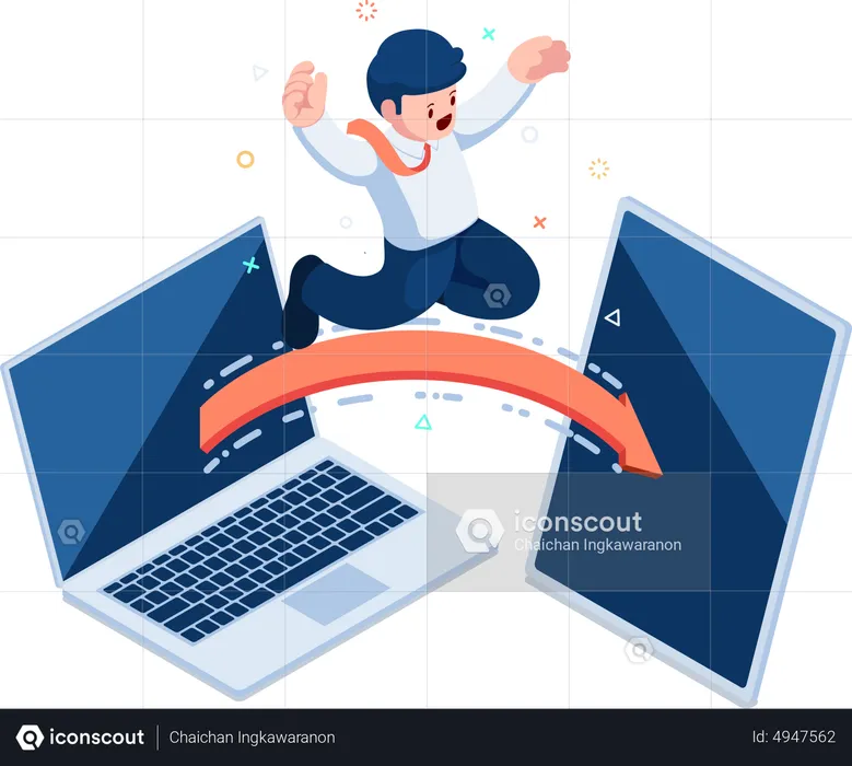 Businessman Jumping from Laptop to Digital Tablet  Illustration