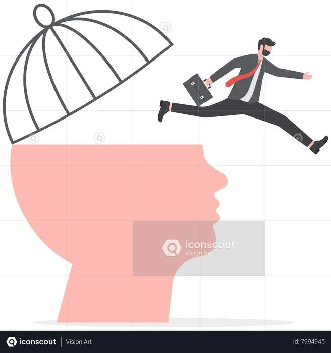 Businessman jumping from move on different fixed mindset to growth mindset on head human  Illustration