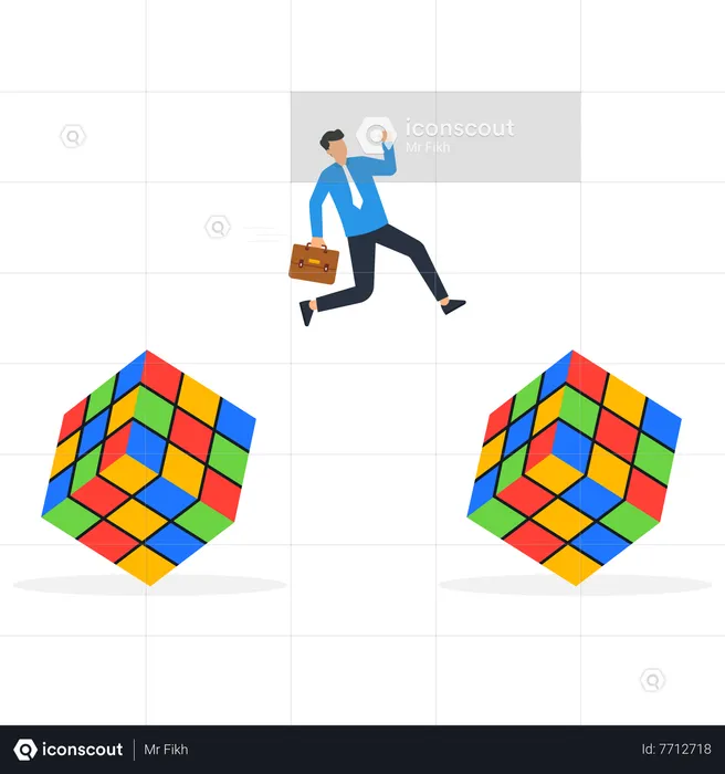 Businessman jumping from one rubik cube to another rubik cube  Illustration