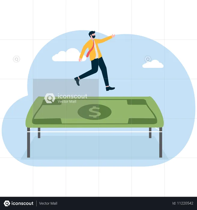 Businessman jumping on money trampoline  Illustration