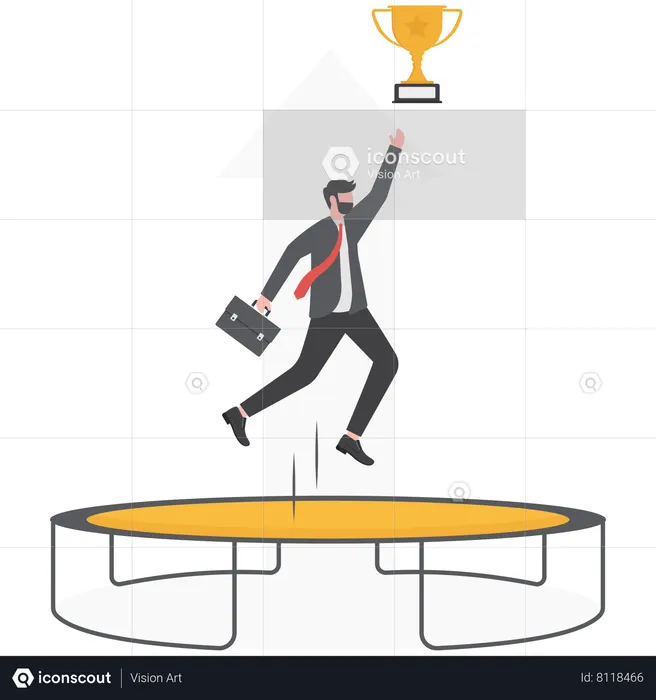 Businessman jumping on Trampoline for achieving success  Illustration