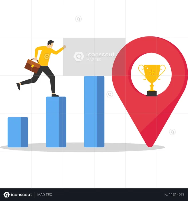 Businessman jumping over barriers to reach golden trophy  Illustration