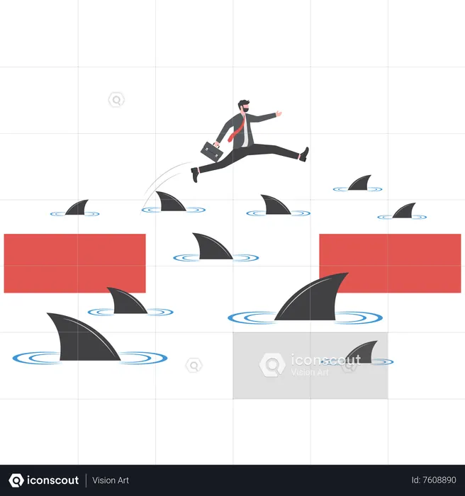 Businessman jumping over shark in water  Illustration