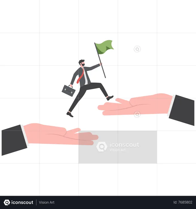 Businessman jumping up giant hand growth ladder to progress target  Illustration