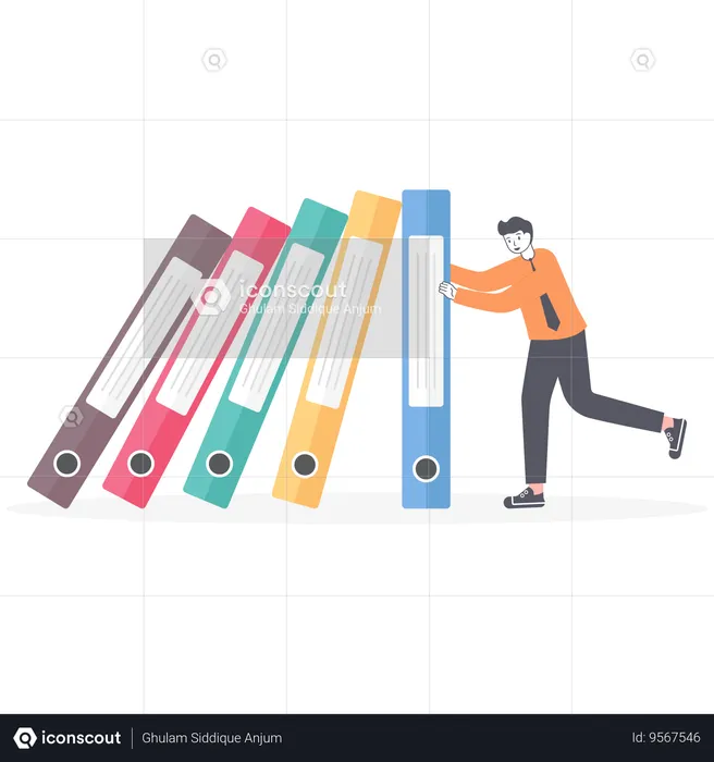 Businessman keep folders with documents from falling like domino  Illustration