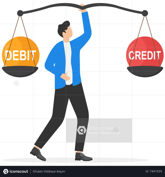 Businessman keeping balance between debit and credit  Illustration