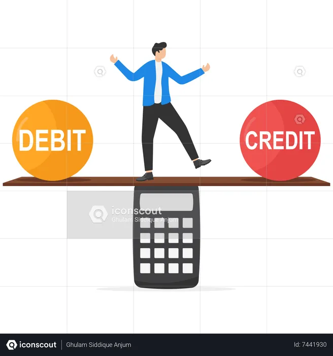 Businessman keeping balance between debit and credit  Illustration